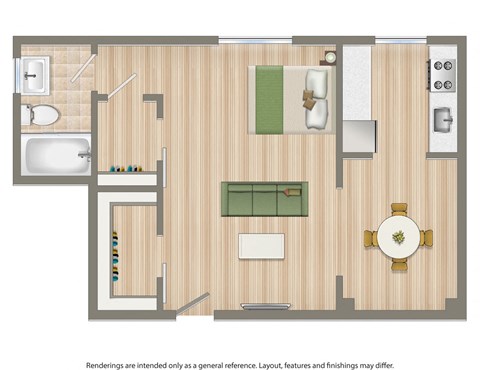 studio apartment floor plan rendering at 1401 sheridan apartments in washington dc
